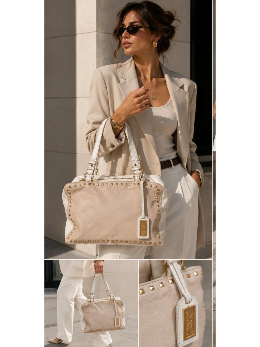 Badgley Mischka Studded Leather Shoulder Bag Cream Ivory Gold Convertible Purse